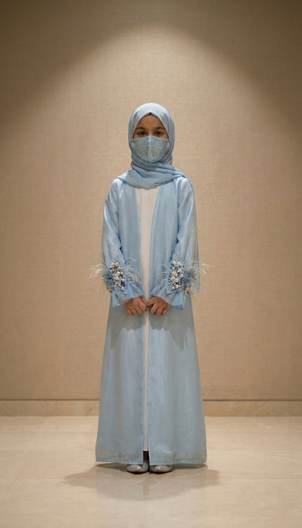 Luxury Kids Jacket Abaya – Soft Glamour with Graceful Modesty Feather Cuff Designer Modest Wear