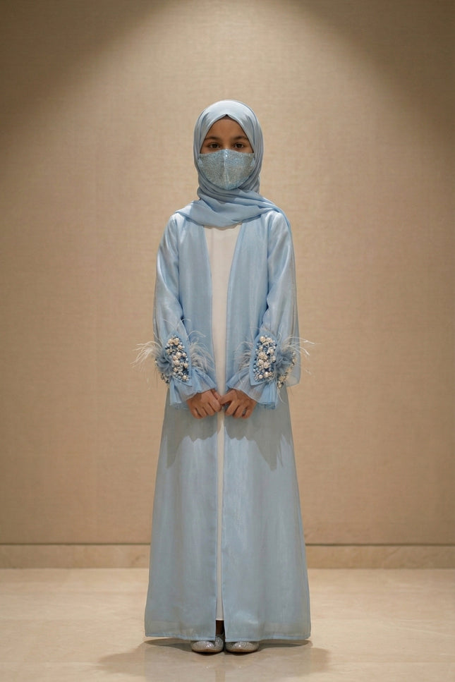 Luxury Kids Jacket Abaya – Soft Glamour with Graceful Modesty Feather Cuff Designer Modest Wear
