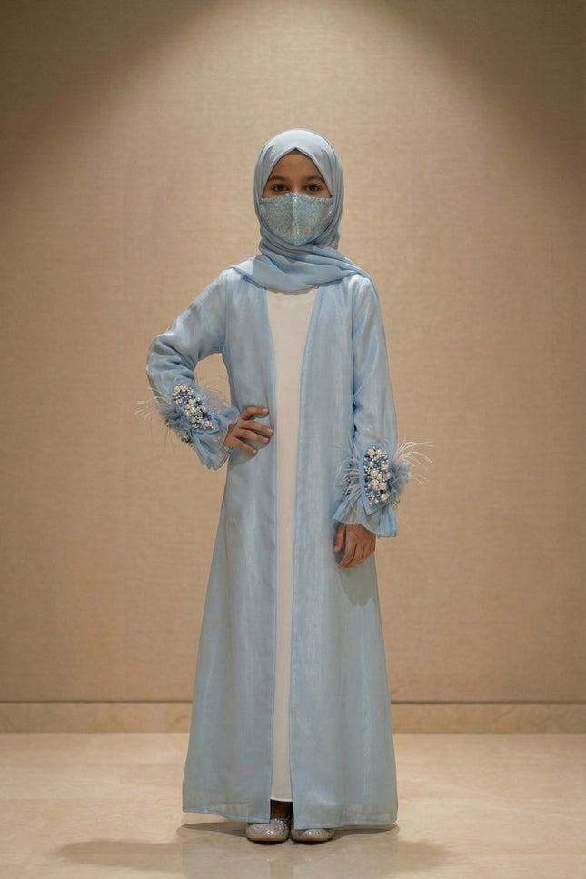 Luxury Kids Jacket Abaya – Soft Glamour with Graceful Modesty Feather Cuff Designer Modest Wear
