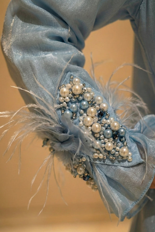 Luxury Kids Jacket Abaya – Soft Glamour with Graceful Modesty Feather Cuff Designer Modest Wear