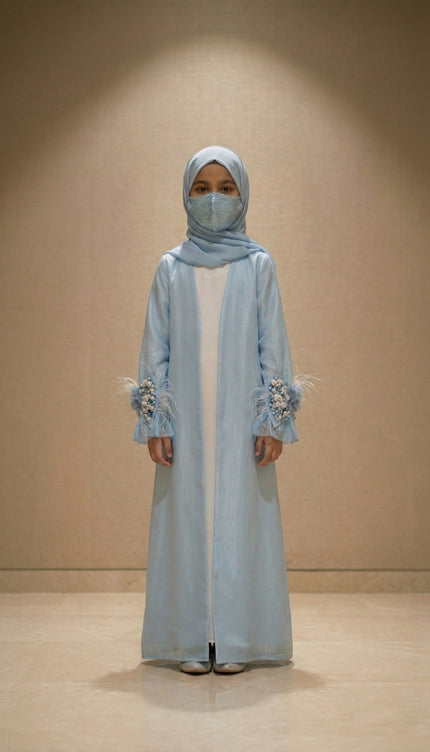 Luxury Kids Jacket Abaya – Soft Glamour with Graceful Modesty Feather Cuff Designer Modest Wear