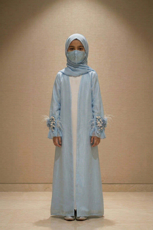 Luxury Kids Jacket Abaya – Soft Glamour with Graceful Modesty Feather Cuff Designer Modest Wear