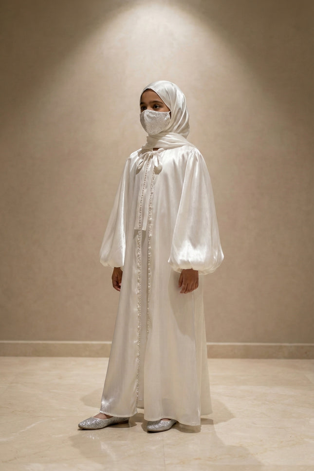 Ivory Kids Abaya with Pearl Detail | Luxury Eid Wear