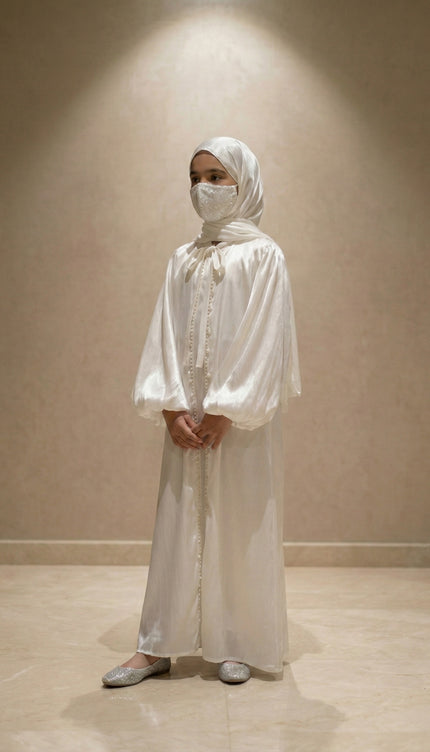 Ivory Kids Abaya with Pearl Detail | Luxury Eid Wear