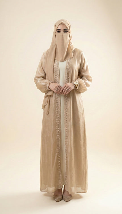Luxury Jacket Abaya in Armani Satin & Viscose Organza | Elegant Stone Work Modest Wear