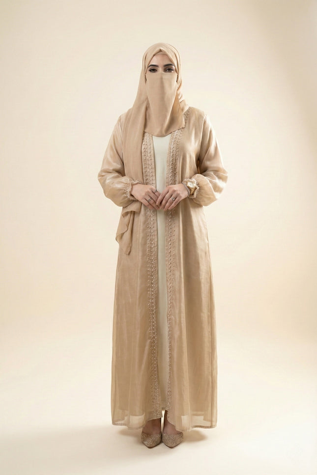 Luxury Jacket Abaya in Armani Satin & Viscose Organza | Elegant Stone Work Modest Wear