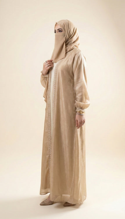 Luxury Jacket Abaya in Armani Satin & Viscose Organza | Elegant Stone Work Modest Wear