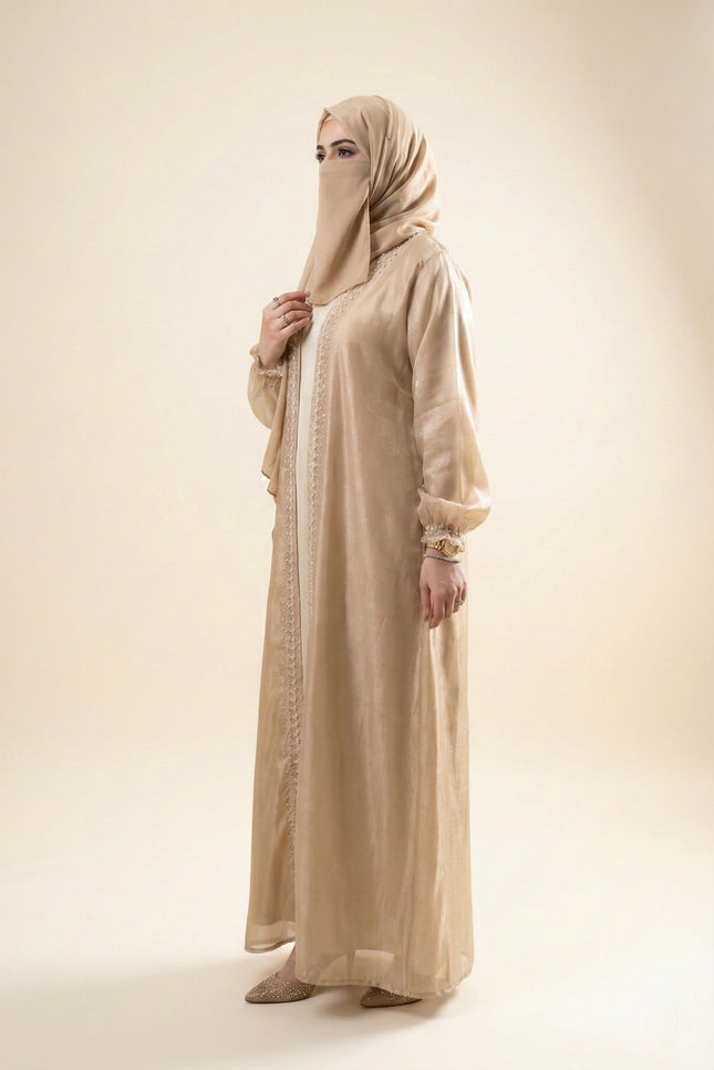 Luxury Jacket Abaya in Armani Satin & Viscose Organza | Elegant Stone Work Modest Wear