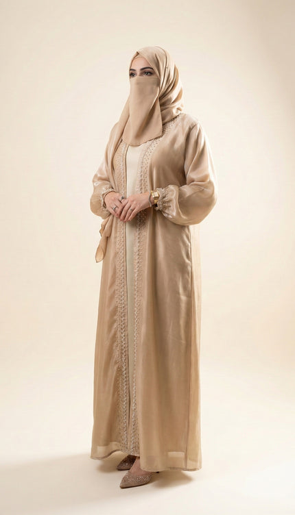 Luxury Jacket Abaya in Armani Satin & Viscose Organza | Elegant Stone Work Modest Wear
