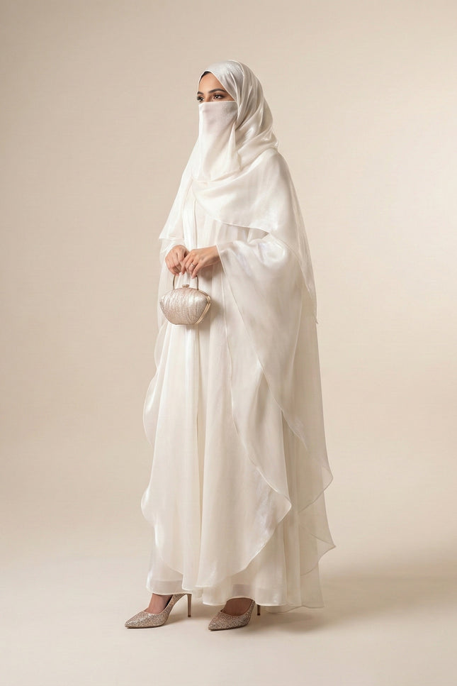 Pearlescent Bridal Abaya Set | Off-White Armani Satin Modest Wear