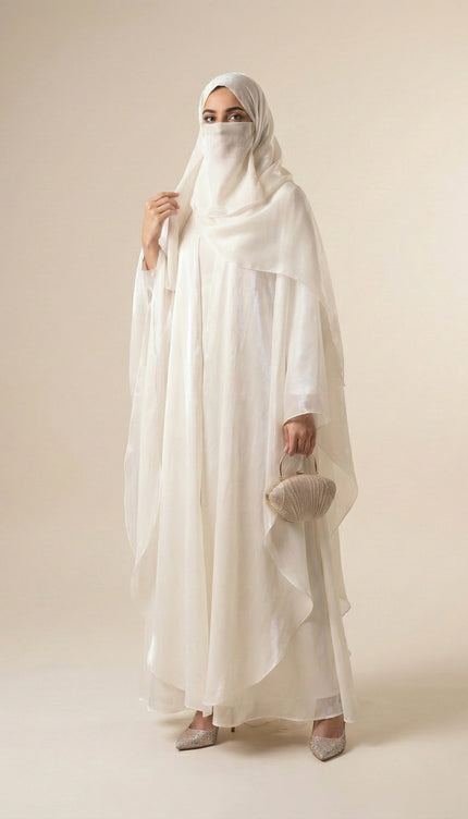 Pearlescent Bridal Abaya Set | Off-White Armani Satin Modest Wear