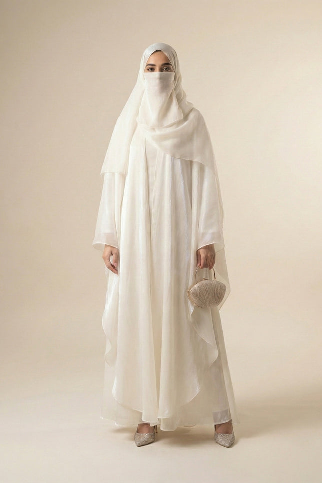 Pearlescent Bridal Abaya Set | Off-White Armani Satin Modest Wear