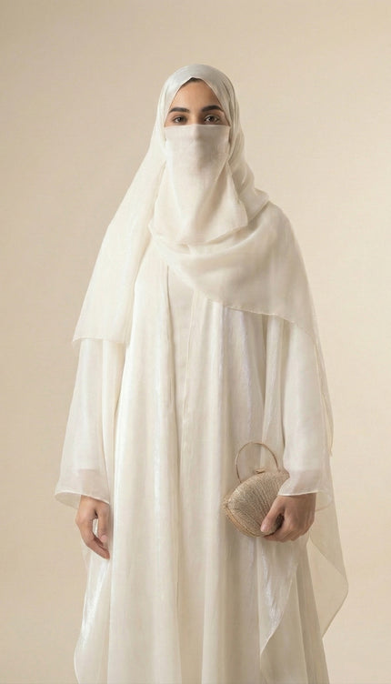 Pearlescent Bridal Abaya Set | Off-White Armani Satin Modest Wear