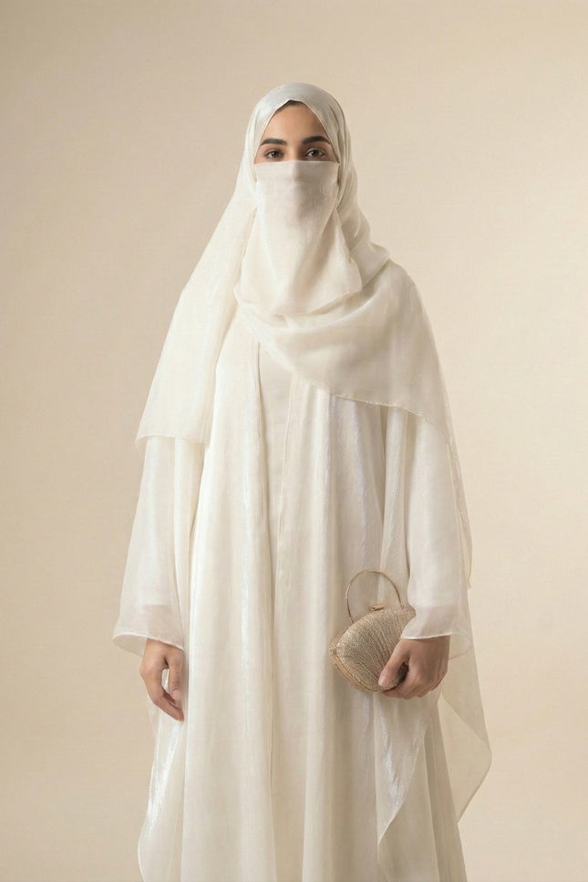 Pearlescent Bridal Abaya Set | Off-White Armani Satin Modest Wear