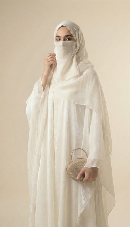 Pearlescent Bridal Abaya Set | Off-White Armani Satin Modest Wear