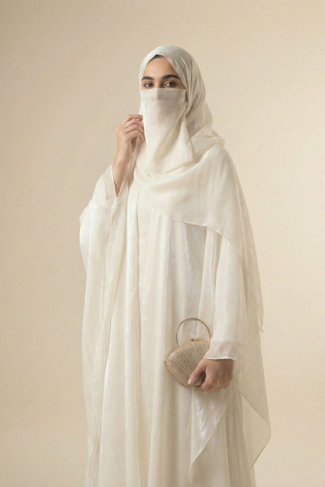Pearlescent Bridal Abaya Set | Off-White Armani Satin Modest Wear