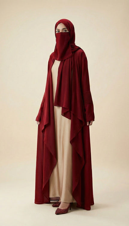 Minimalist Jacket Abaya in Nida Nude Beige & Maroon