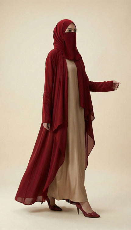 Minimalist Jacket Abaya in Nida Nude Beige & Maroon