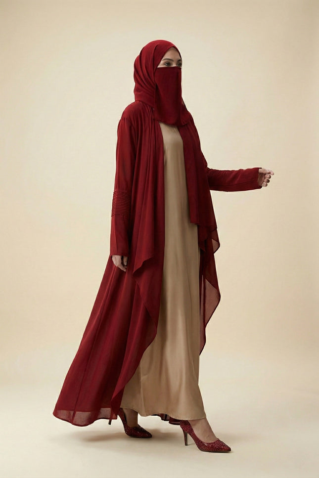Minimalist Jacket Abaya in Armani Satin Nude Beige & Maroon