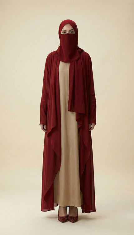 Minimalist Jacket Abaya in Nida Nude Beige & Maroon