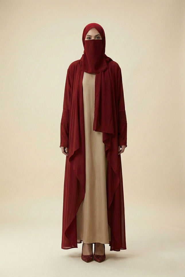 Minimalist Jacket Abaya in Armani Satin Nude Beige & Maroon