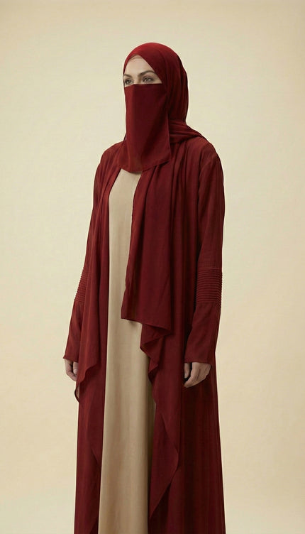 Minimalist Jacket Abaya in Nida Nude Beige & Maroon