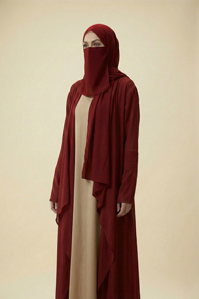 Minimalist Jacket Abaya in Armani Satin Nude Beige & Maroon