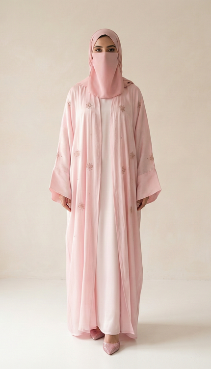 Blush Pink Soft Feminine Jacket Abaya with Shimmer Organza