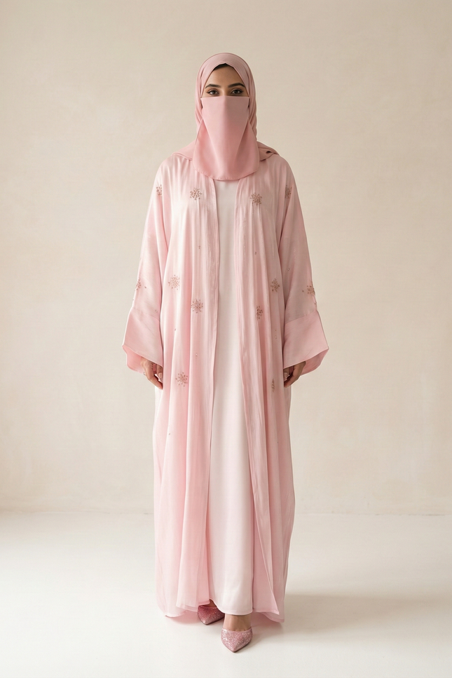 Blush Pink Soft Feminine Jacket Abaya with Shimmer Organza