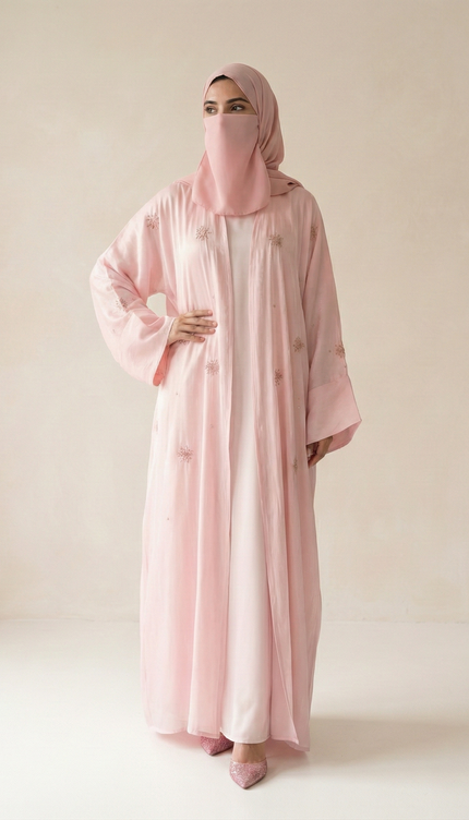 Blush Pink Soft Feminine Jacket Abaya with Shimmer Organza