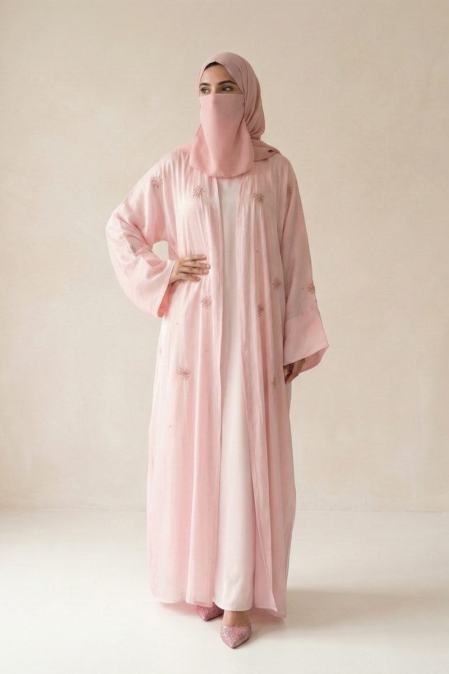 Blush Pink Soft Feminine Jacket Abaya with Shimmer Organza