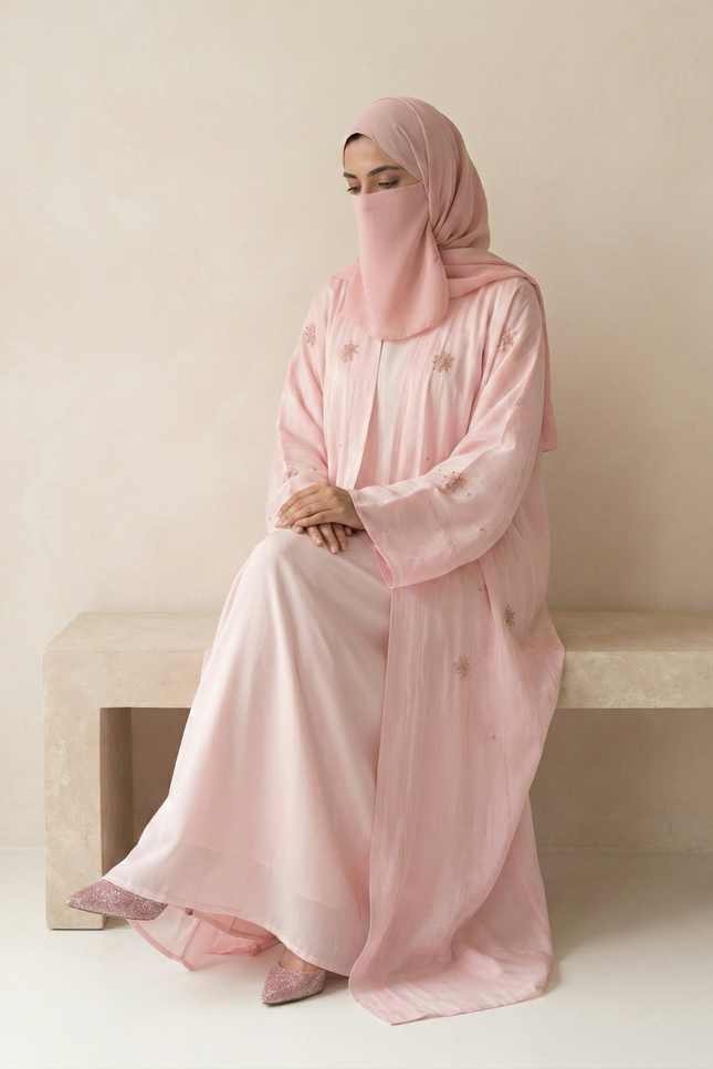 Blush Pink Soft Feminine Jacket Abaya with Shimmer Organza