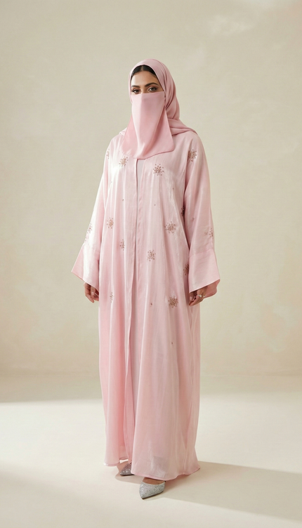 Blush Pink Soft Feminine Jacket Abaya with Shimmer Organza