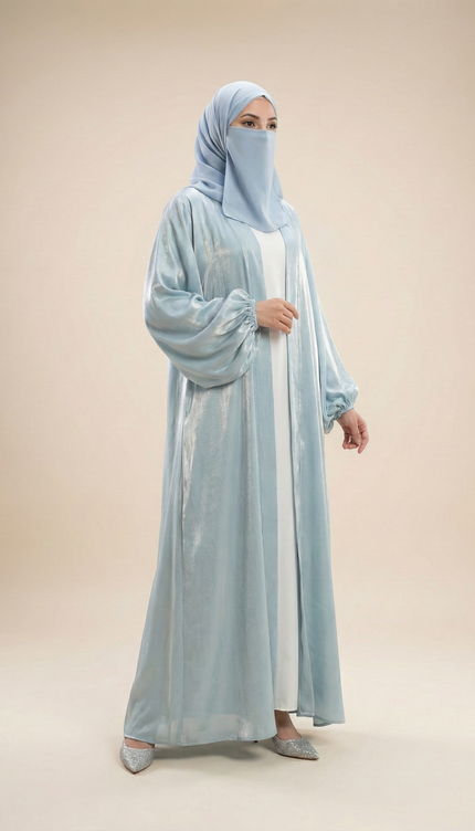 Elegant Ice Blue Open-Front Abaya | Modern Modest Abaya with Shimmer Jimmy Choo Fabric