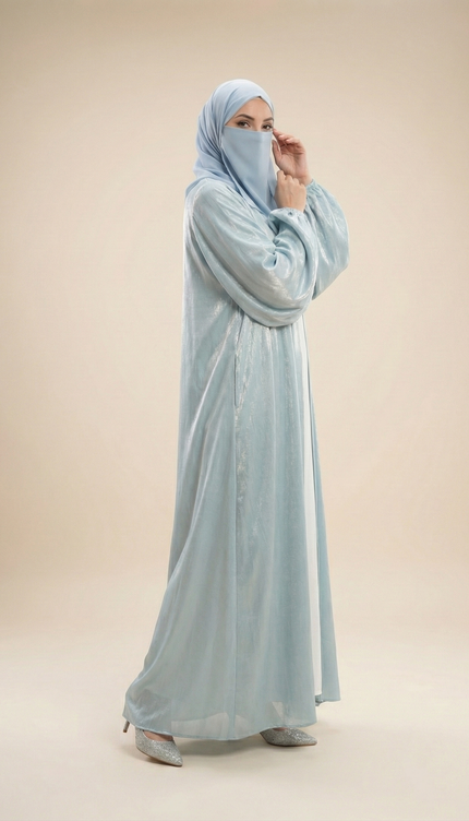 Elegant Ice Blue Open-Front Abaya | Modern Modest Abaya with Shimmer Jimmy Choo Fabric