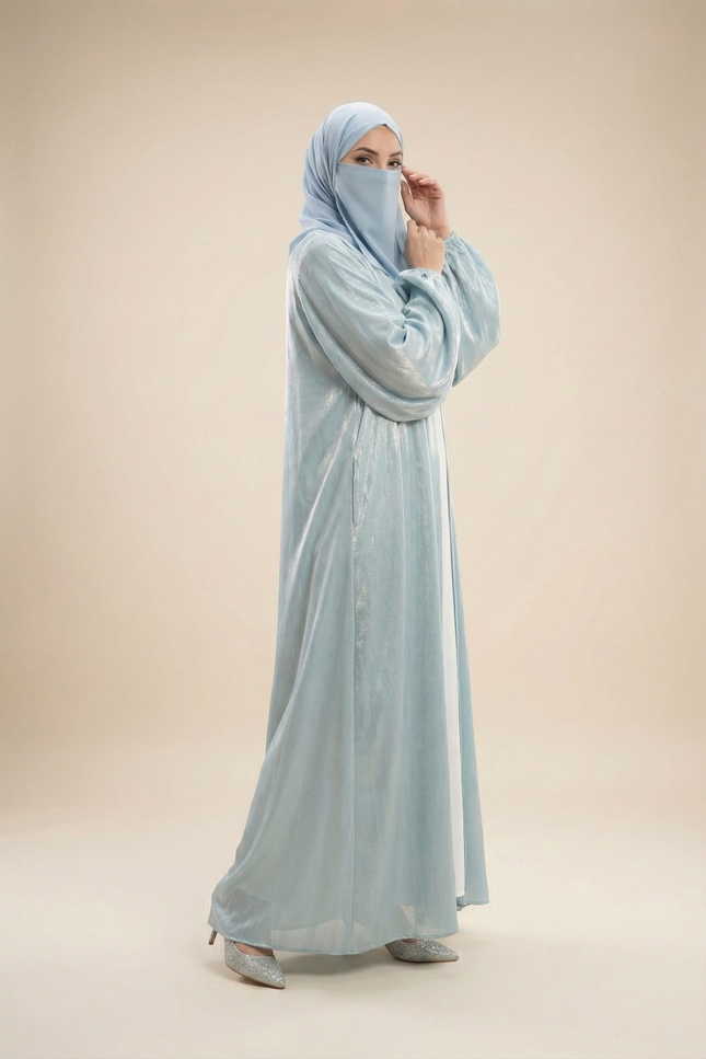 Elegant Ice Blue Open-Front Abaya | Modern Modest Abaya with Shimmer Jimmy Choo Fabric