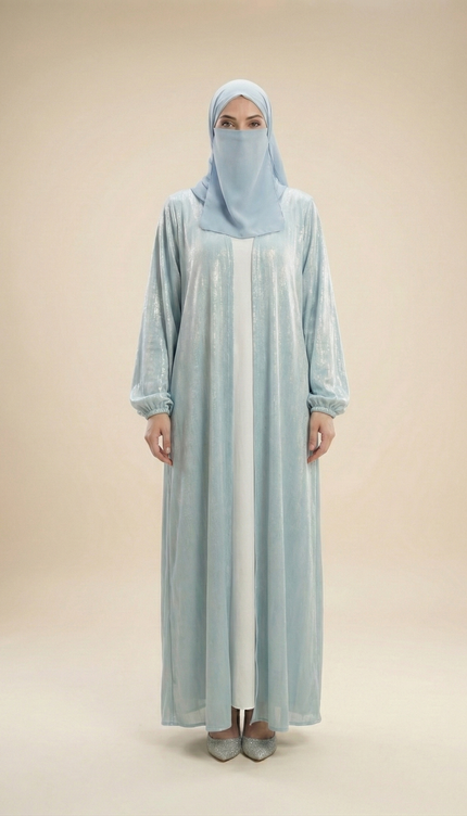 Elegant Ice Blue Open-Front Abaya | Modern Modest Abaya with Shimmer Jimmy Choo Fabric