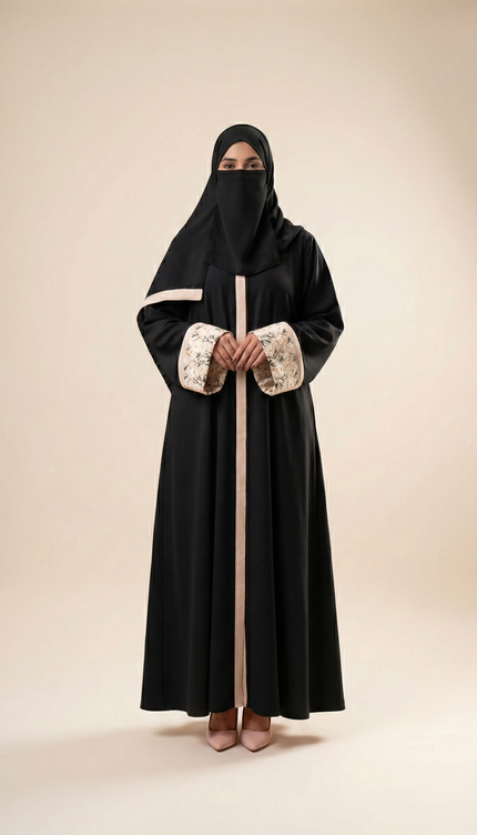 Minimal Black Abaya with Floral Cuff Sleeves