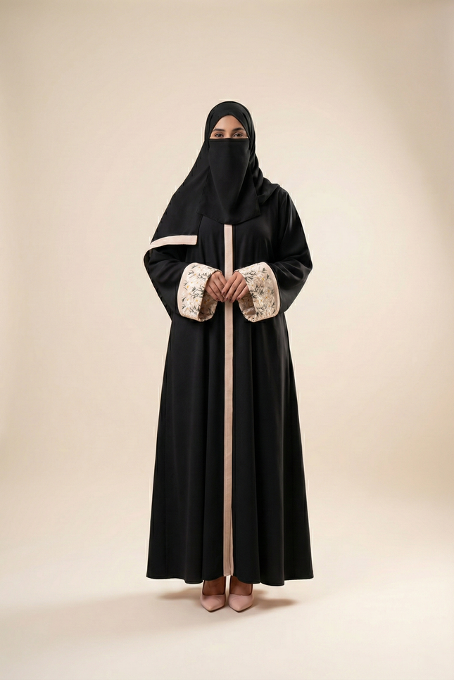 Minimal Black Abaya with Floral Cuff Sleeves