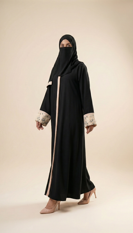 Minimal Black Abaya with Floral Cuff Sleeves