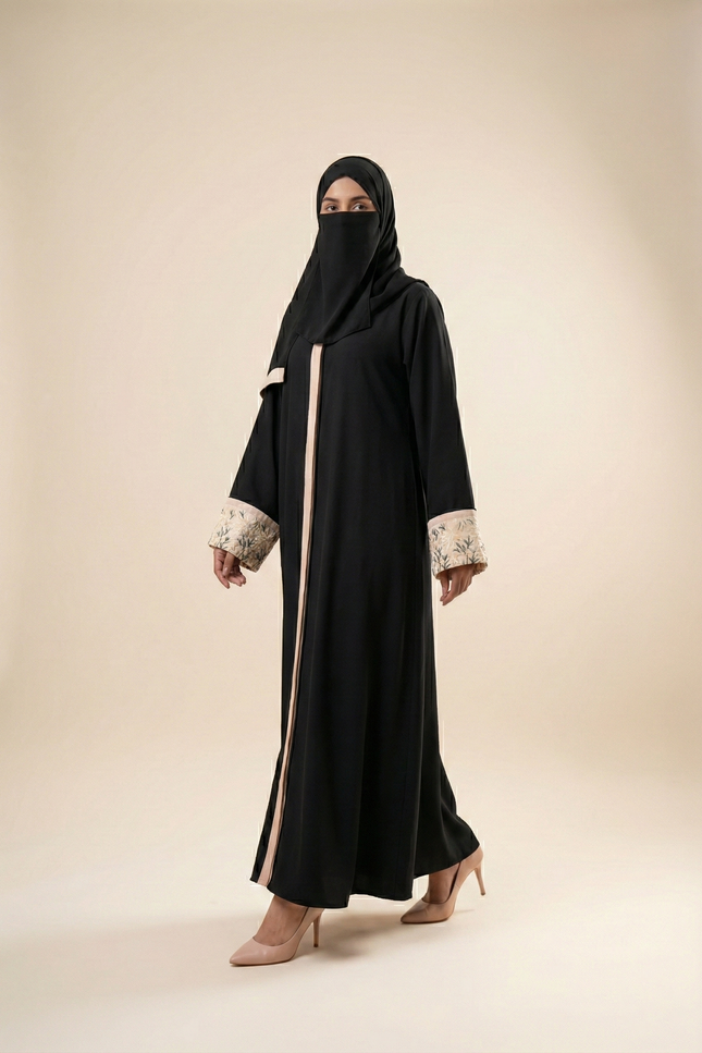 Minimal Black Abaya with Floral Cuff Sleeves