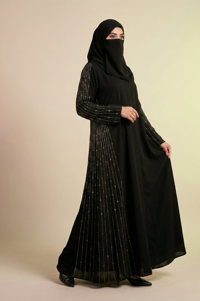 Modern Luxury Abaya with Golden Zari Detailing