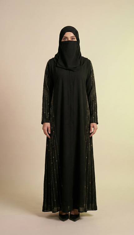 Modern Luxury Abaya with Golden Zari Detailing