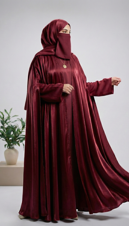 Maroon Mother & Daughter Matching Abaya Set | Luxury Shimmer Nida Combo