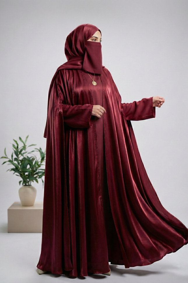 Maroon Mother & Daughter Matching Abaya Set | Luxury Shimmer Nida Combo