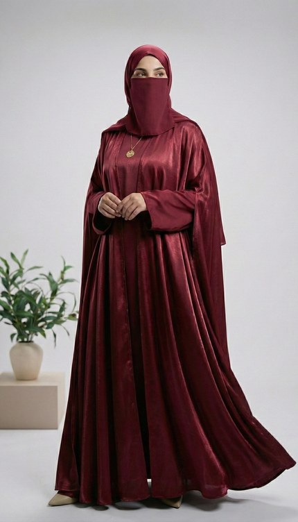 Maroon Mother & Daughter Matching Abaya Set | Luxury Shimmer Nida Combo