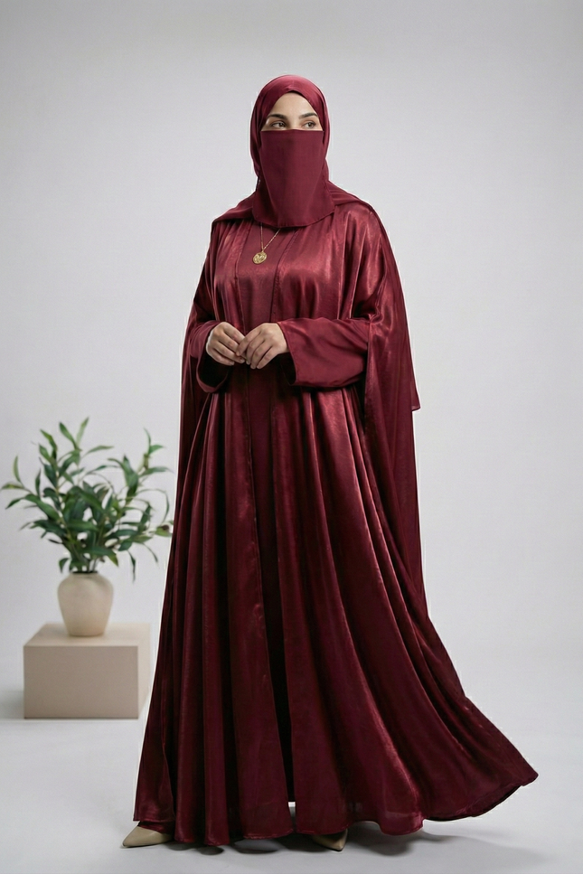 Maroon Mother & Daughter Matching Abaya Set | Luxury Shimmer Nida Combo