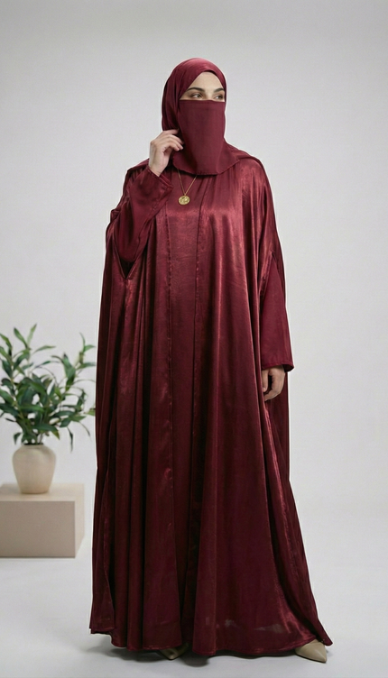 Maroon Mother & Daughter Matching Abaya Set | Luxury Shimmer Nida Combo