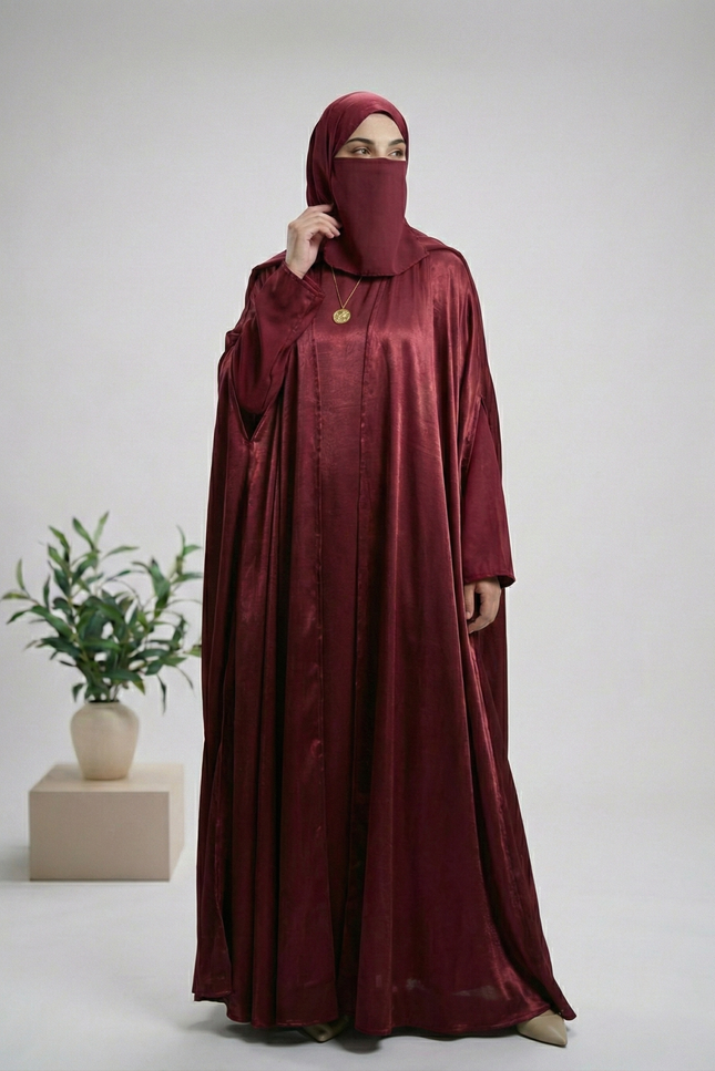 Maroon Mother & Daughter Matching Abaya Set | Luxury Shimmer Nida Combo