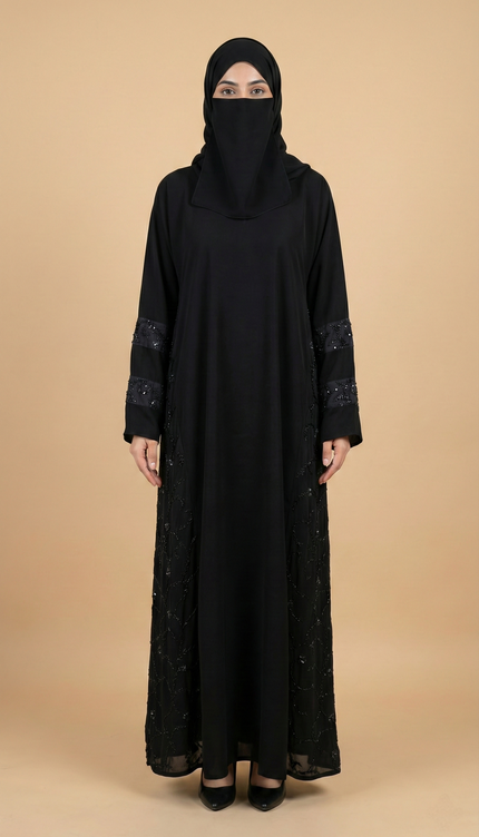 Hand Embroidered on Net  Premium Abaya for Women | Korean Nida | Elegant Islamic Dress India